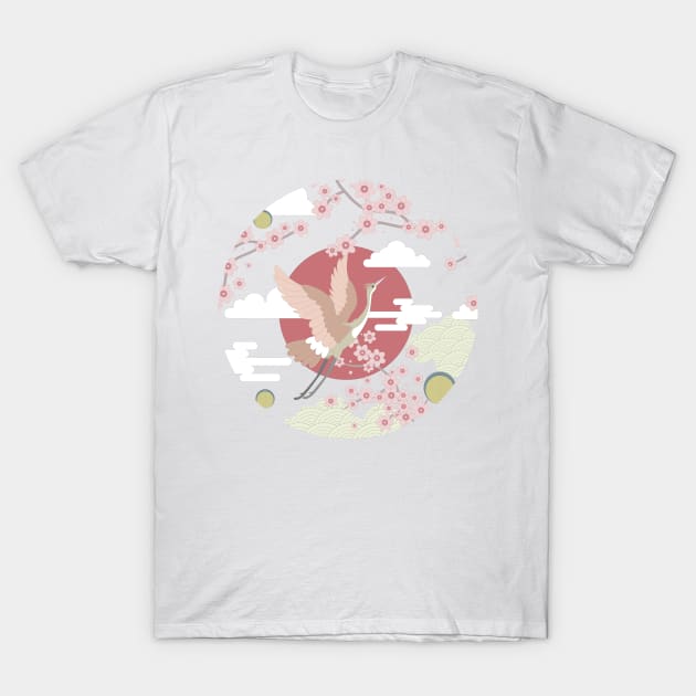 Crane birds and cherry blossom, abstact japanese style print T-Shirt by KINKDesign